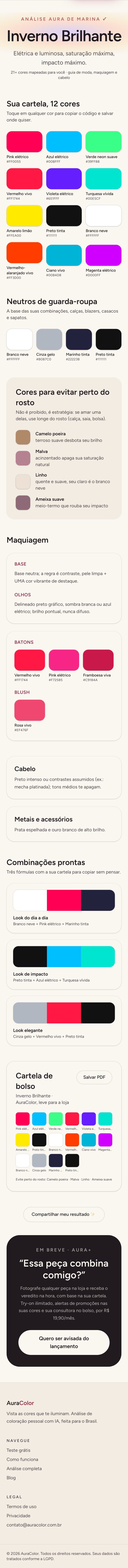 Relatório AuraColor real: estação Inverno Brilhante com cartela de cores, maquiagem e guia completo